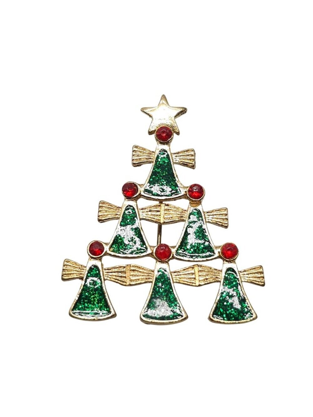 Vintage Christmas Tree Brooch With Green Glitter Angels Red Rhinestones